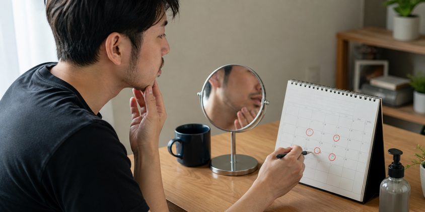 ヒゲ脱毛の回数と通院予定を確認する男性
