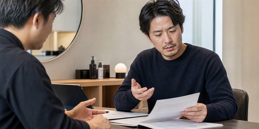 脱毛プランの条件をスタッフへ確認する男性