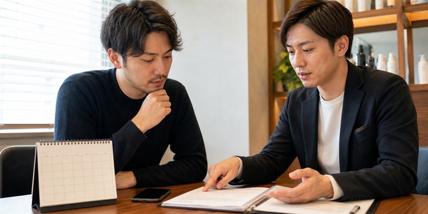 脱毛サロンの予約日と解約条件を確認する男性