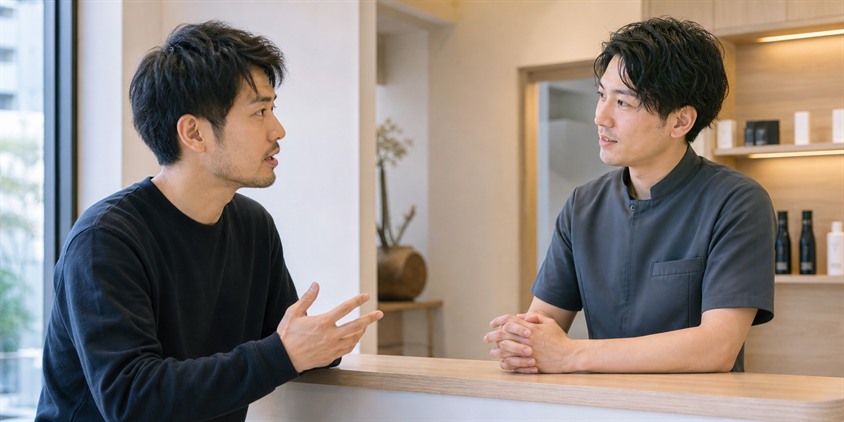 脱毛サロンでスタッフへ質問する男性