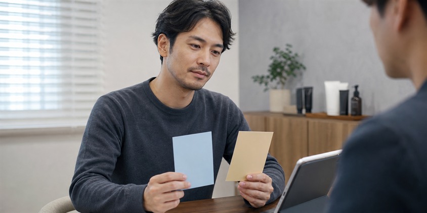 スタッフの説明を聞いて契約を判断する男性
