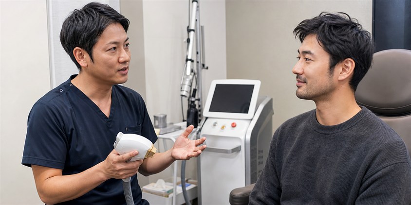ヒゲ脱毛の施術と麻酔について説明を受ける男性