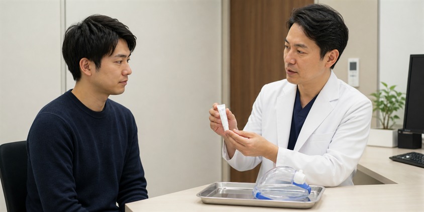 ヒゲ脱毛で使う麻酔クリームと笑気麻酔の説明を受ける男性