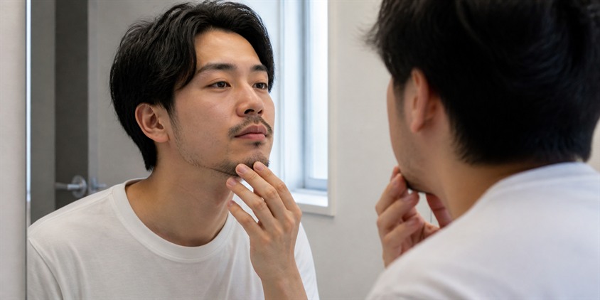 鏡でヒゲの照射範囲を確認する男性
