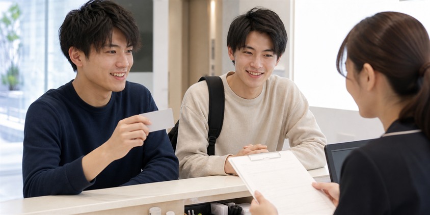 友人と一緒に脱毛の割引条件を確認する男性