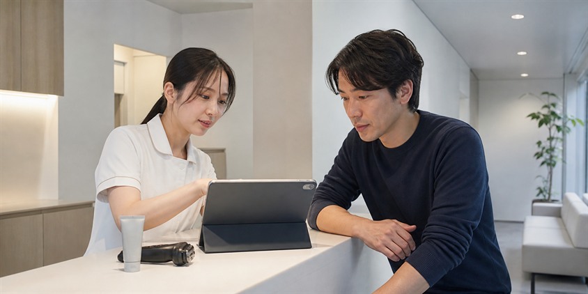 予約条件と剃毛サービスを受付で確認する男性