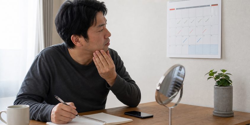 ヒゲ脱毛の回数と通院予定を確認する男性