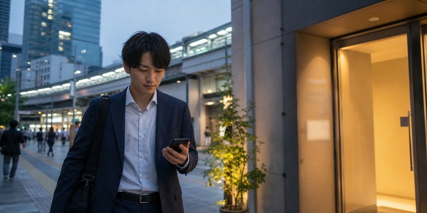 仕事帰りにヒゲ脱毛の予約時刻を確認する男性