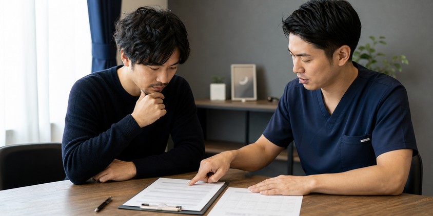 ヒゲ脱毛の見積書と予約条件を確認する男性