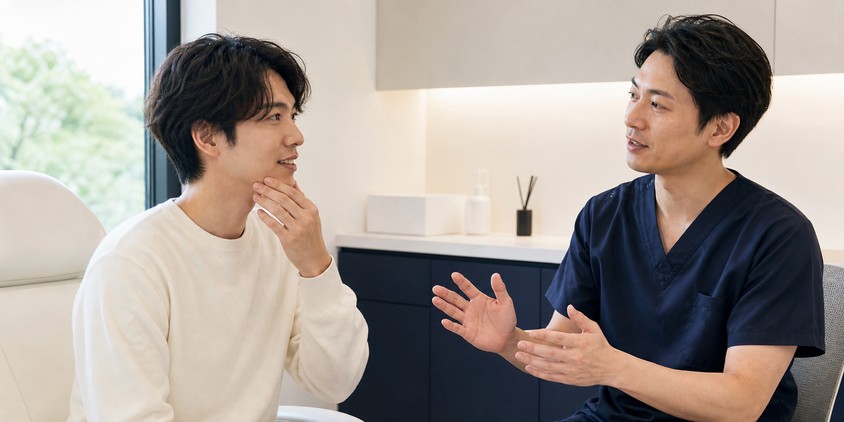 ヒゲ脱毛の施術前説明を受ける男性