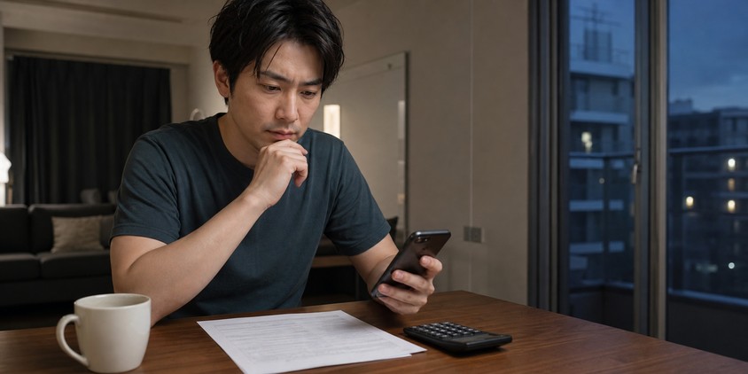 脱毛サロンの契約内容と予約画面を慎重に確認する男性