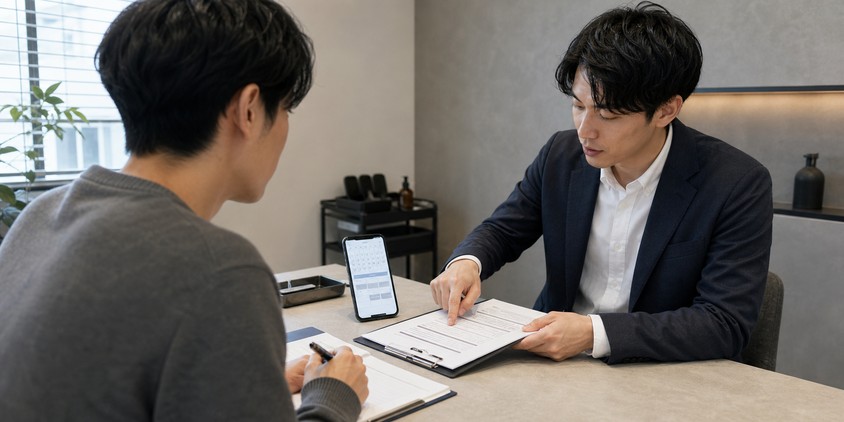 脱毛サロンの予約日と契約書を確認する男性