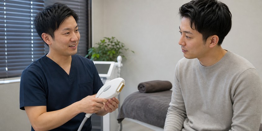 明るく清潔な男性向け脱毛サロンで説明する男性スタッフ